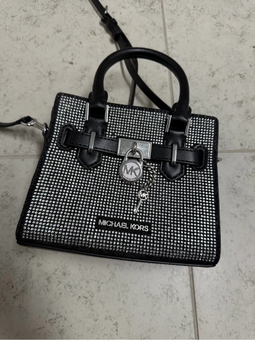 Michael Kors Black Satchel with Silver Crystal Embellishment Casual Party